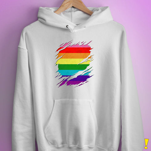Original Gilbert Baker LGBTQ Gay Pride Flag Ripped Reveal Hoodie - White